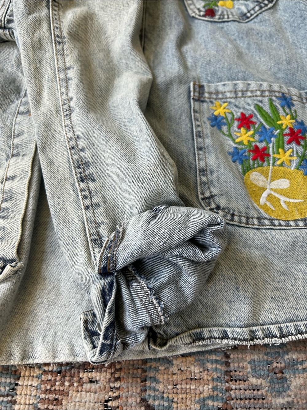 Denim Women's Embroidered Jacket - Light Blue with Colorful Pockets - Picture 3 of 9